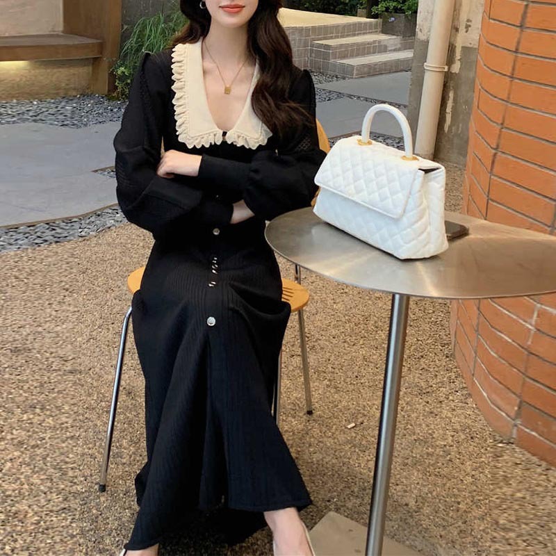 Cross-Border Puff Sleeve Knit Dress with Lace Collar, Single-Breasted Long Dress, Waist-Cinching Slim-Fit Sweater Dress, Elegant and Graceful