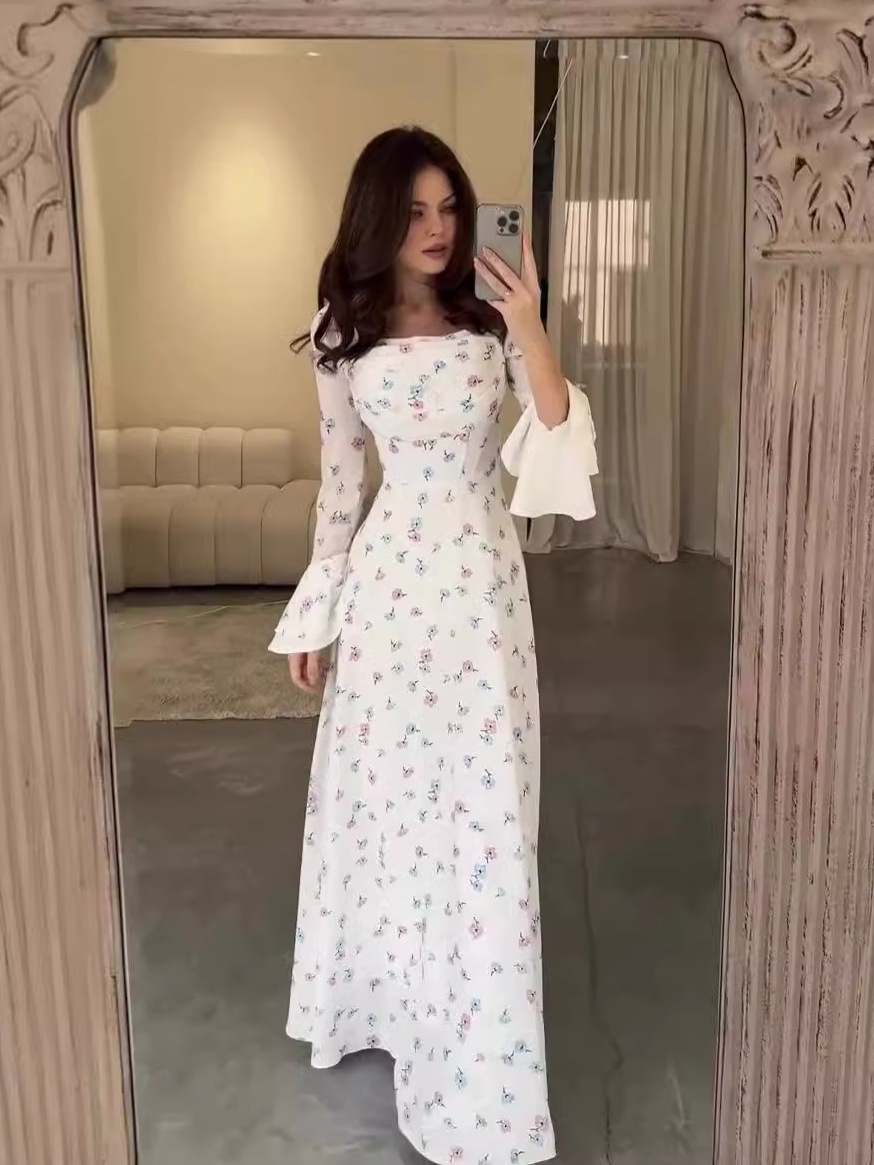 Amazon 2024 European and American summer new U-collar printed long sleeve horn sleeve fashion slim women's dress