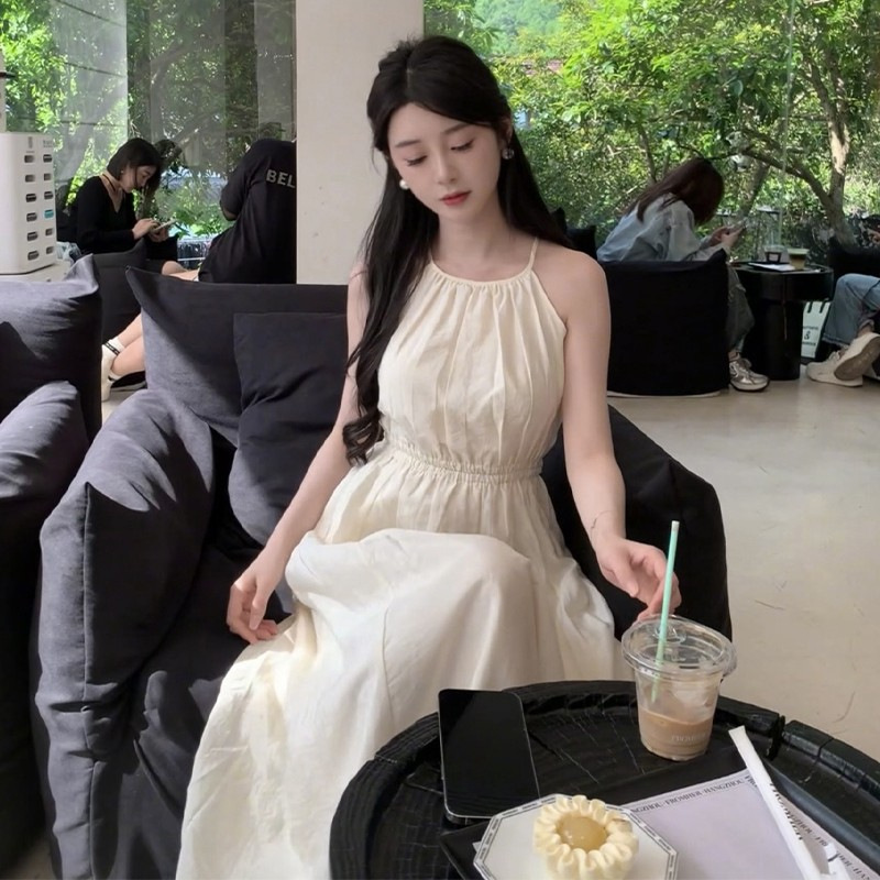 French Sweet Sleeveless Neck Hanging Sling dress Children's Summer 2024 New Arrival Seaside Vacation Long Dress for Small Men
