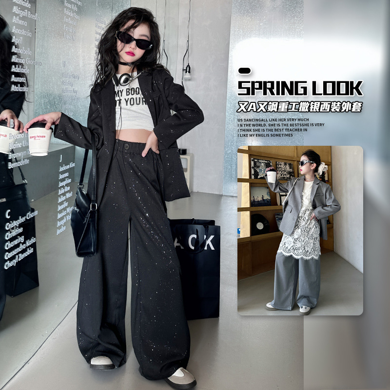 Girls' 2025 Spring and Autumn Suit suit Children's Trendy American-style Silver Small Suit Big Children's Trendy Show Two-piece Set