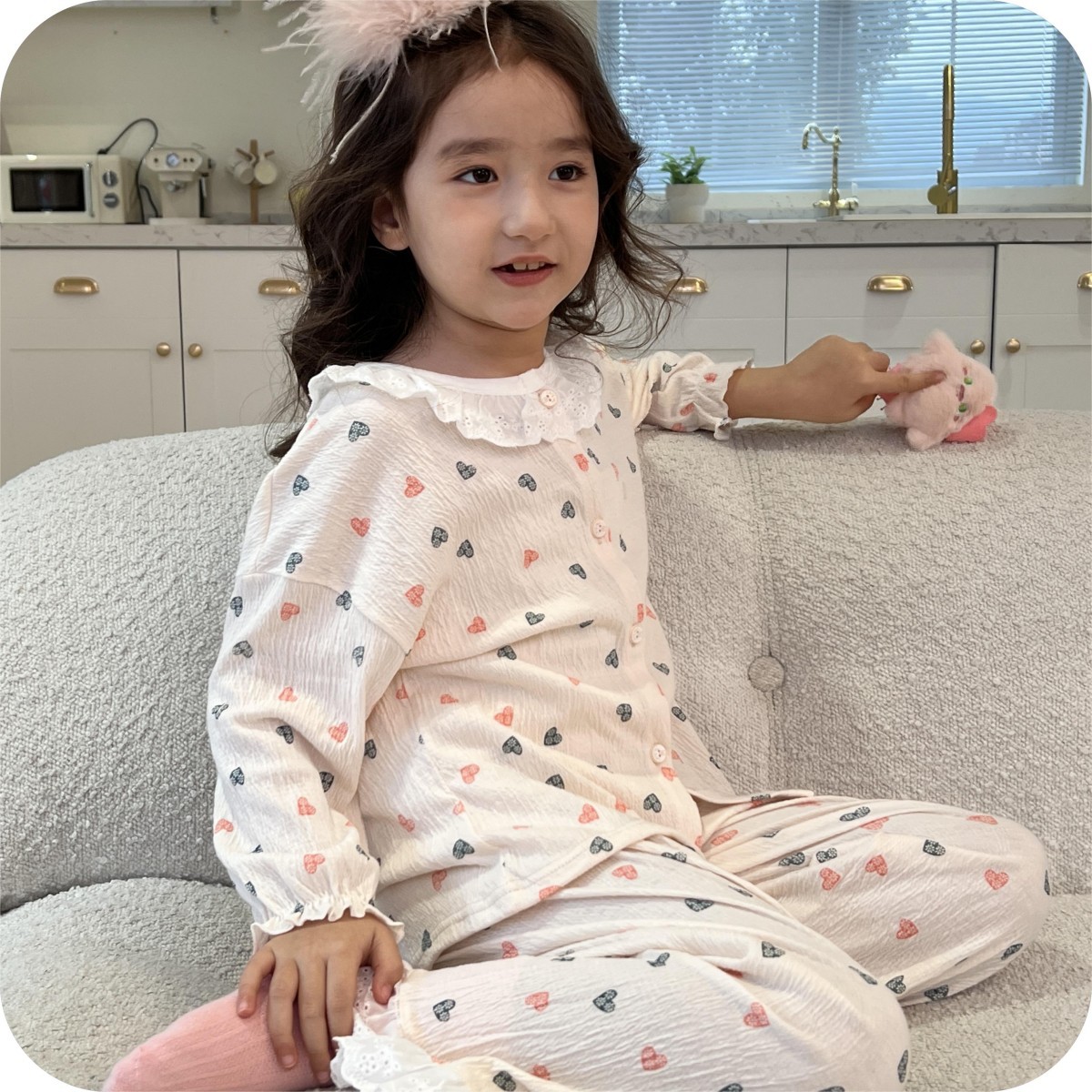 Picture of Children's Stretch Cotton Yarn suit Lace Baby Spring Cardigan Home Clothes Korean Style Cute Air-conditioning Clothes Pajamas