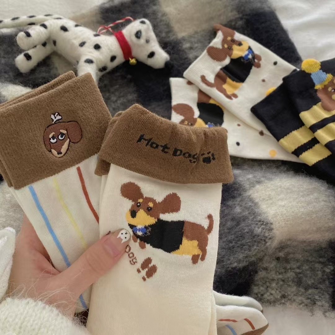 Wave Dachshund Dog Socks Cute Girl's Mid-length Socks Women's Autumn and Winter Ins Trendy Student Illustration Style Japanese Style Women's Socks