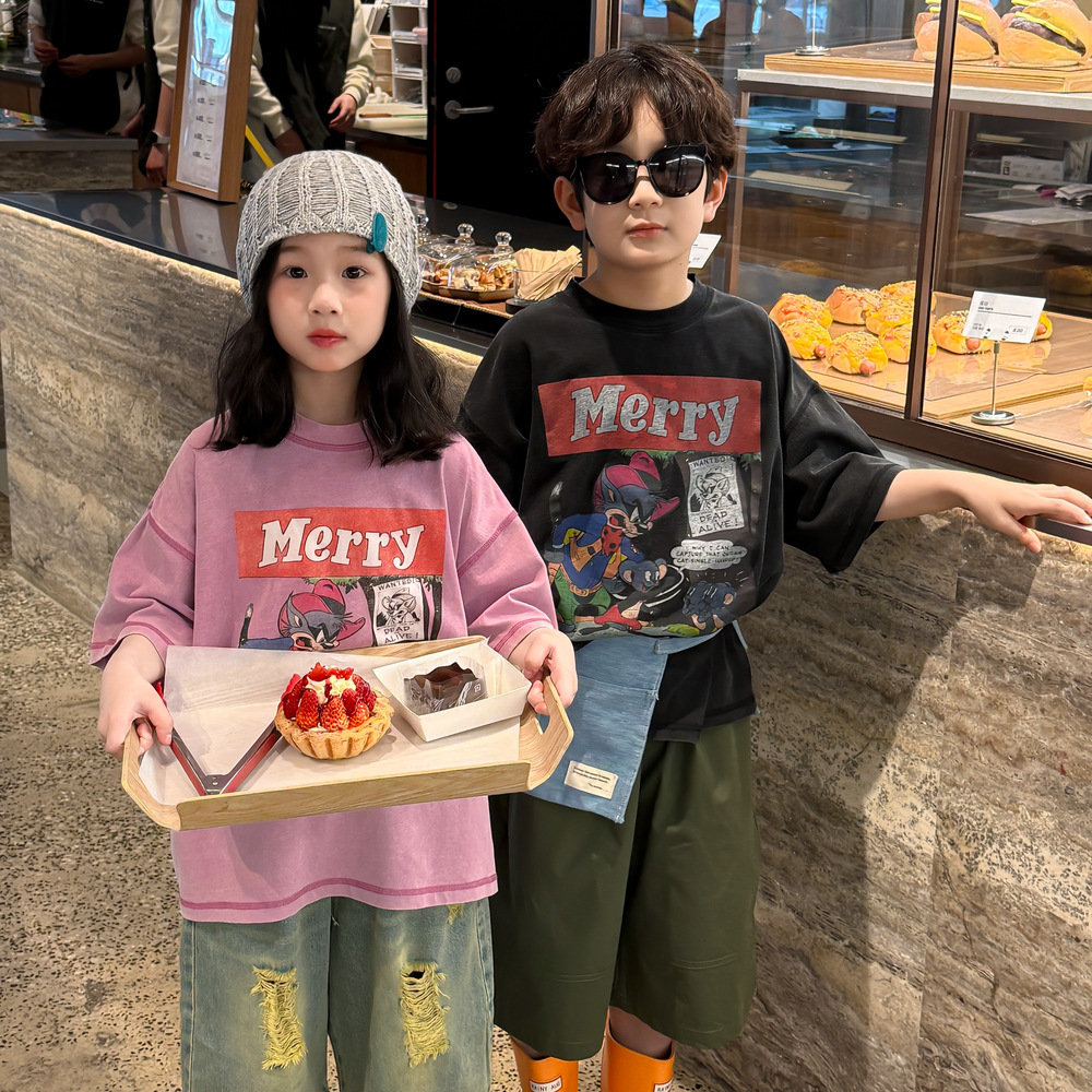 Children's T-shirt 2025 Summer Korean-style Cartoon Letter Short-sleeved Children's Round Neck Casual Loose All-match Top for Boys and Girls