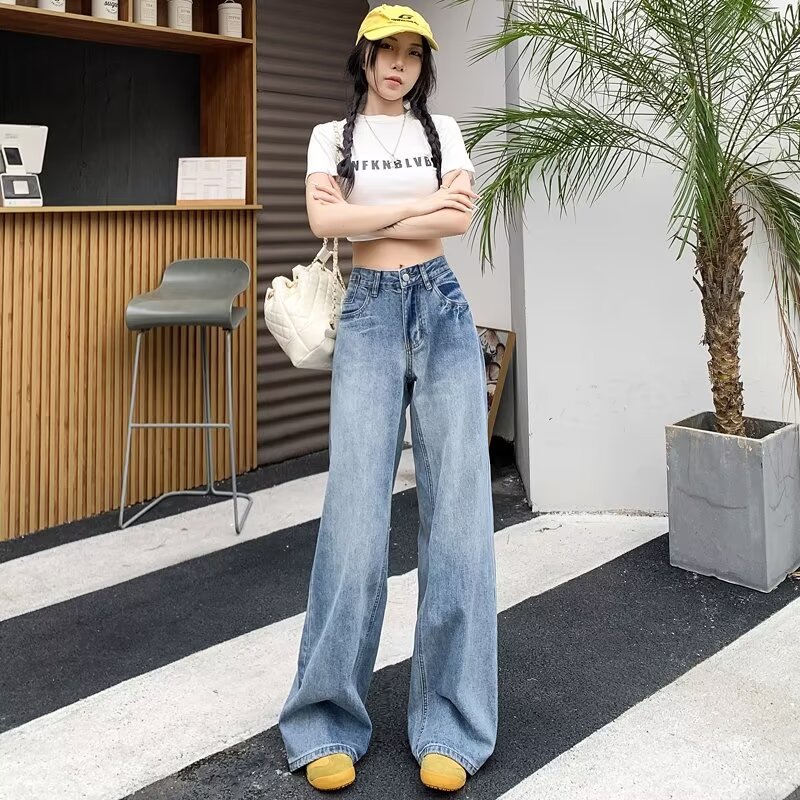 2024 American Vintage Washed Blue Loose Straight Jeans Women's All-match Dipped Wide Leg Trendy Pants