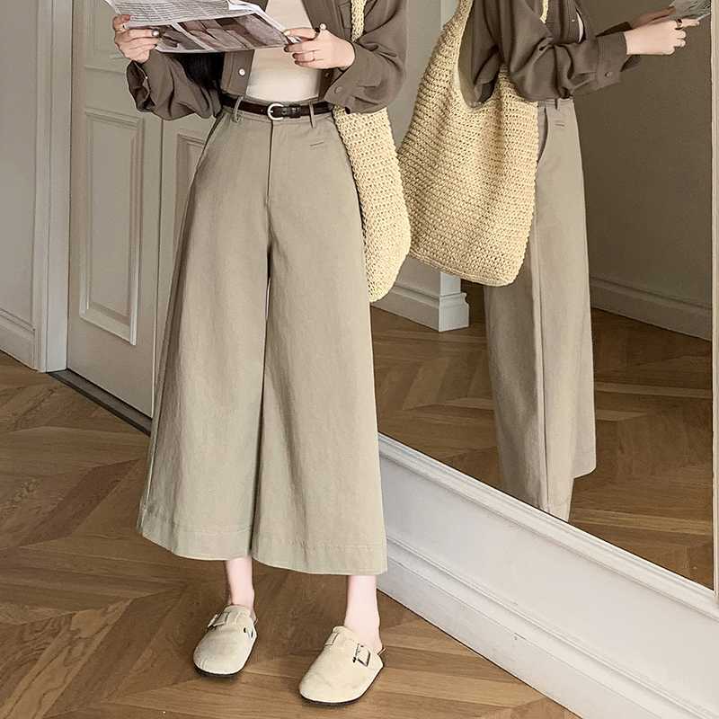 2025 Spring and Summer Wash Cotton High Waist Slimming Design Sense High Waist Trousers Loose Wide Leg Cropped Casual Pants for Women