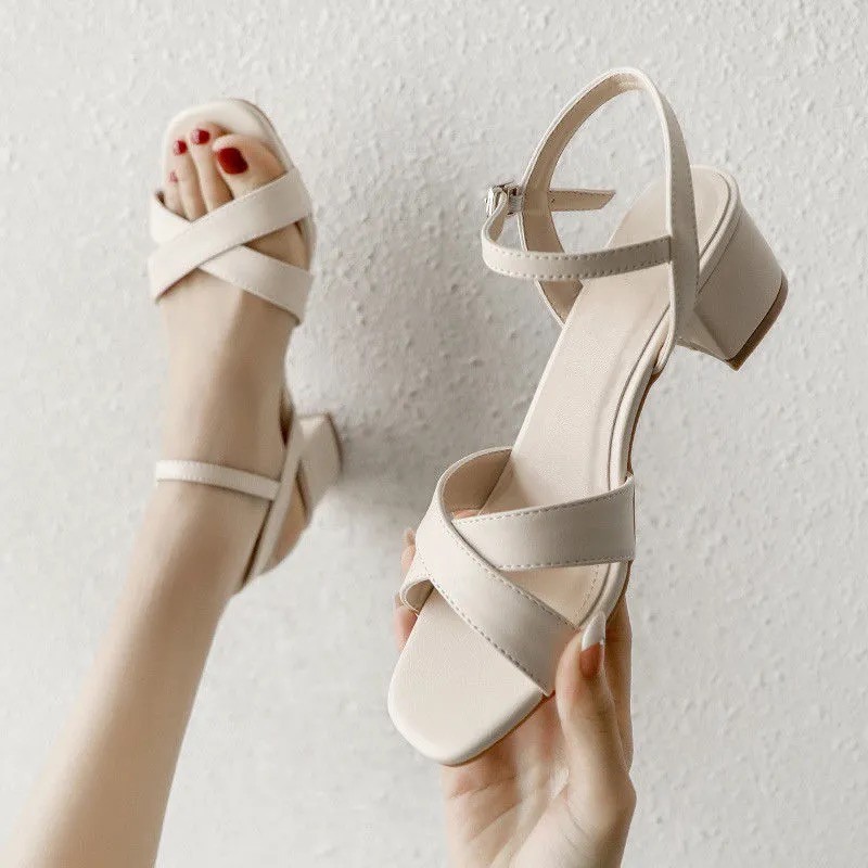 [Explosions in stock] chunky heel simple sandals women's Korean style 2024 summer new comfortable high heels with open toe