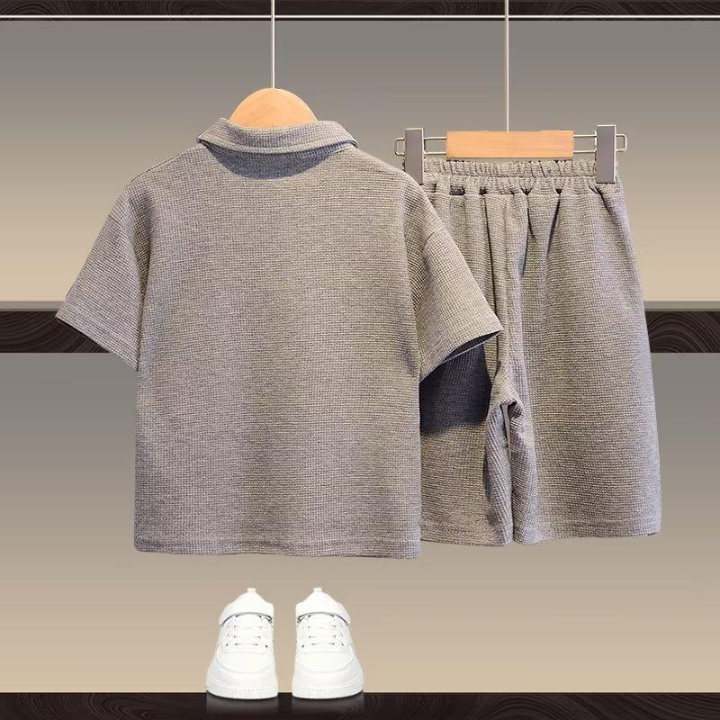 Picture of Children's Summer 2023 New Summer Boys' Suit Korean-style Waffles Solid Color POLO Shirt Two-piece Fashionable Children's Wear