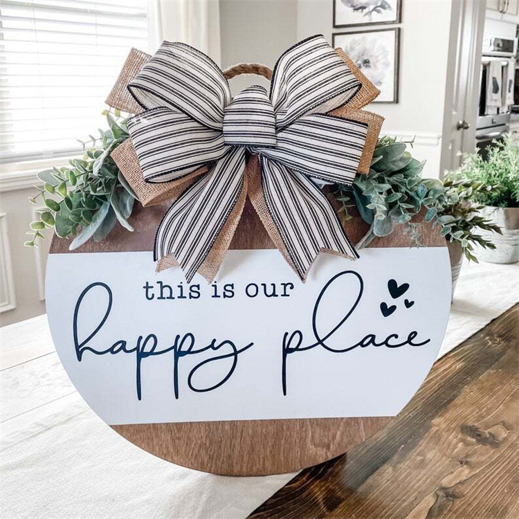 Cross-Border Spot Round Wooden Hanging Sign Bow Decoration Welcome Sign Home Wall Hanging American Country Door Sign
