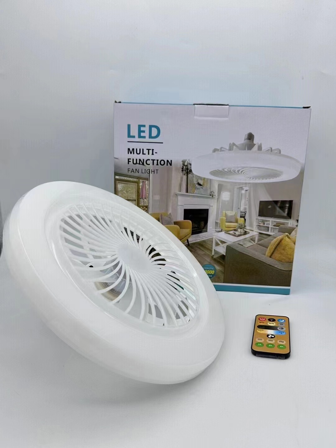 Picture of Led fan light crystal 360 ° shaking head E27 household three-color ceiling fan light remote control shift bedroom fan light