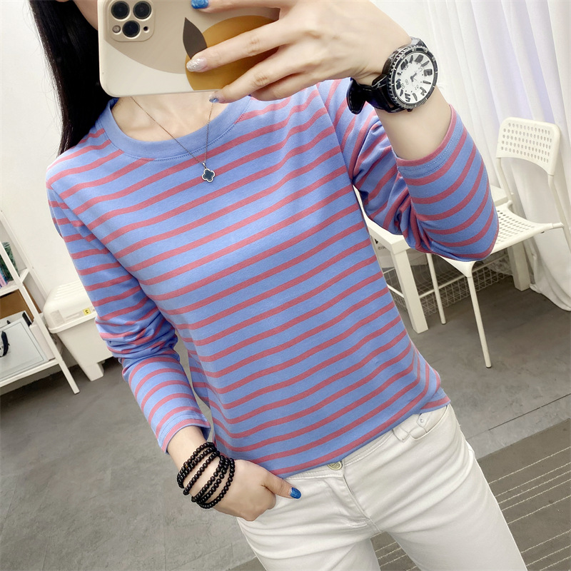 Striped T-shirt Women's Long Sleeve Top Early Autumn 2024 New plus size Loose Slimming Base Shirt Striped T-shirt