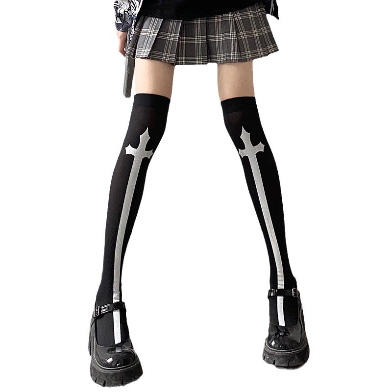 Picture of Cross Cross Cross Stockings Printing Halloween Socks Spider Web Over-the-Knee Socks Black White Lolita Stockings