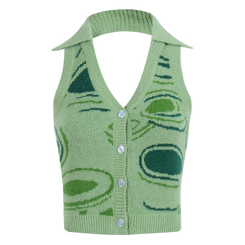 2025 Summer Street Fashion Irregular Pattern Contrast Color Halter Deep V Neck Sexy Backless Cardigan Camisole