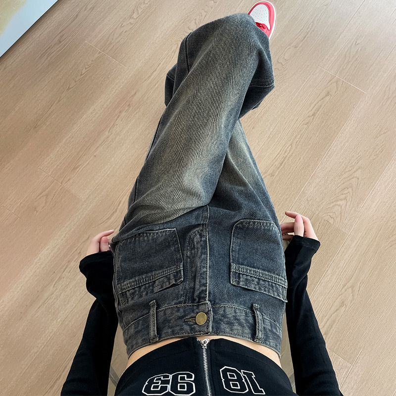 Nostalgic pocket design straight jeans women's narrow cement gray high waist loose pear-shaped wide leg mop long pants