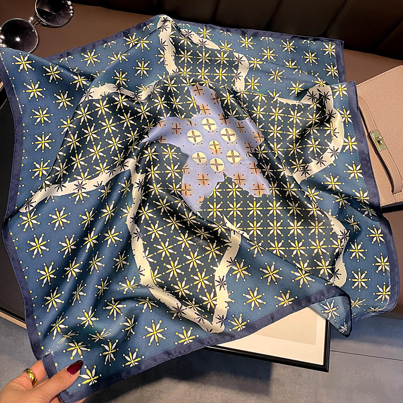 Picture of Spring and Autumn Thin Japanese and Korean Sweet Champagne Color Small Floral Silk Mulberry Silk 70cm Square Scarf Silk Scarf Hair Band Headwear Women