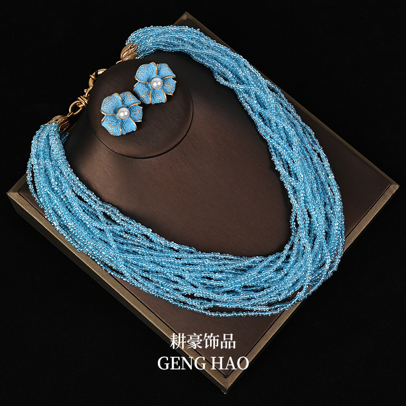 Retro and Antique Blue Glass Beaded Multi-Layer Stacked Dopamine Necklace Flower Style Stud Earrings suit