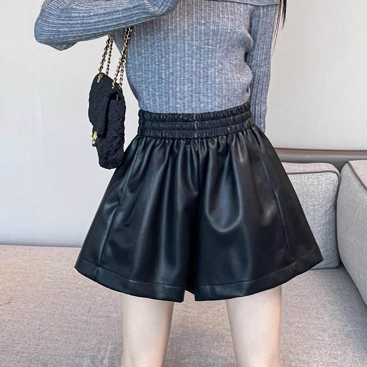 Black PU leather pants shorts women's winter New High waist A- line slimming wide leg pants small casual outerwear boot pants