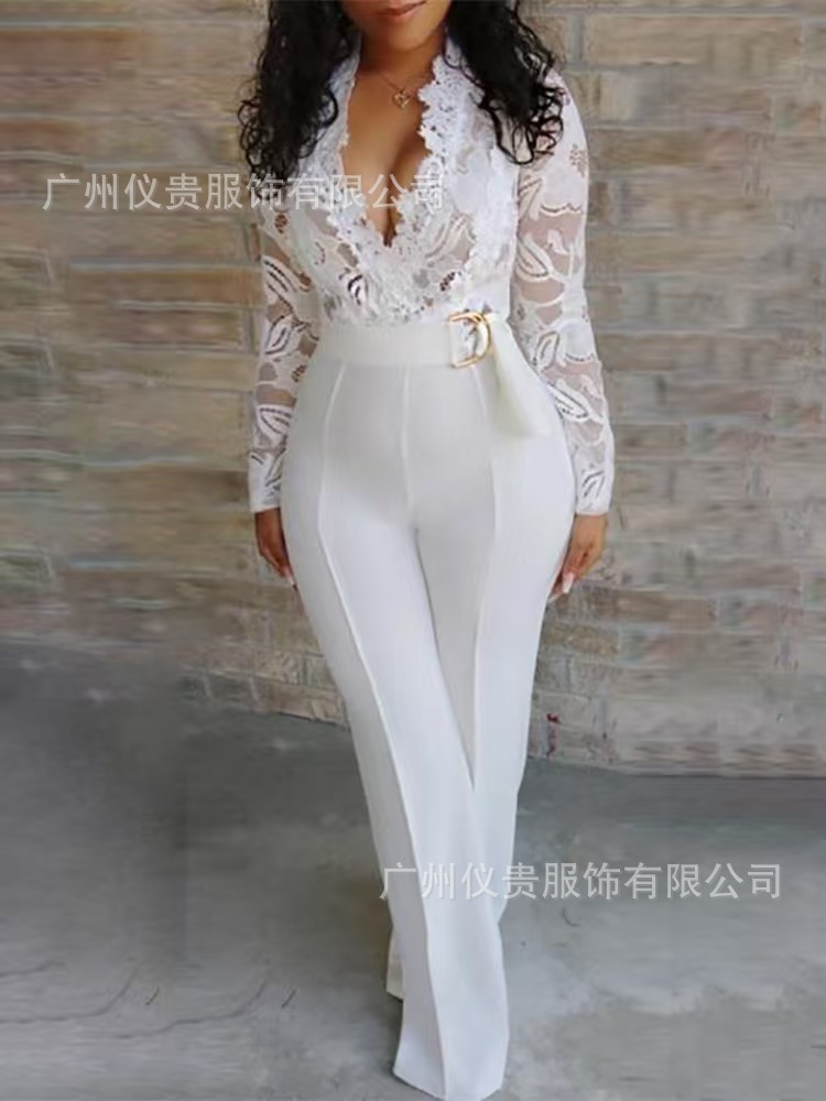 Cross-border European and American plus-size fashion jumpsuits, sexy V-neck lace jumpsuits, elegant casual women's clothing