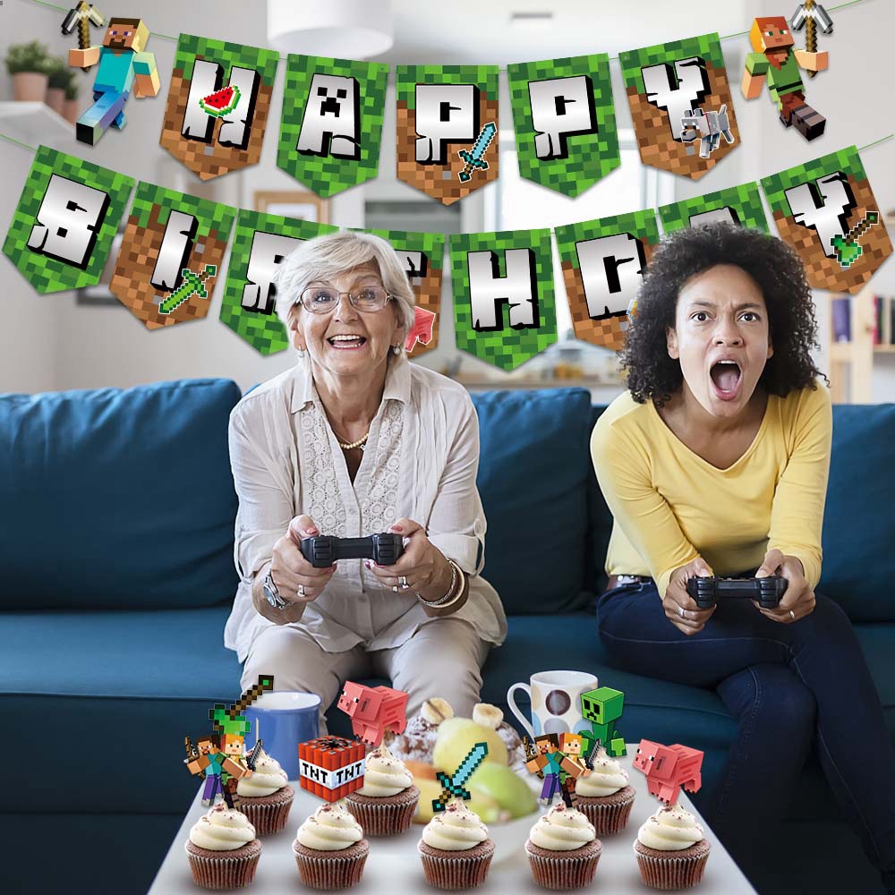 Picture of Minecraft Birthday Party Decoration Set Pixel Wars Happy Birthday Flag Cake Dessert Insert