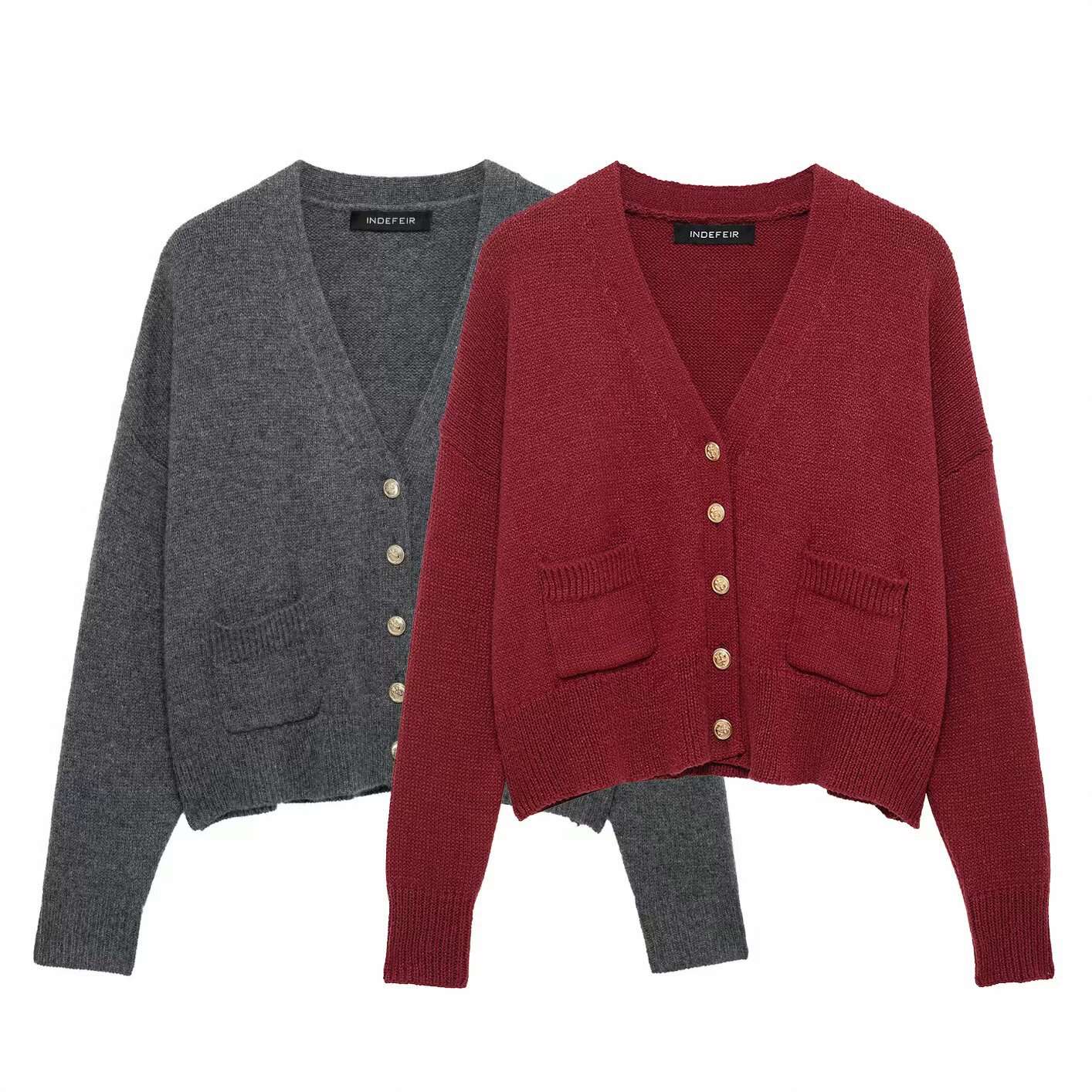 2025 Spring Women's Gold Button Long Sleeve Knitted Jacket New European and American Cross-border Solid Color Knitted Cardigan