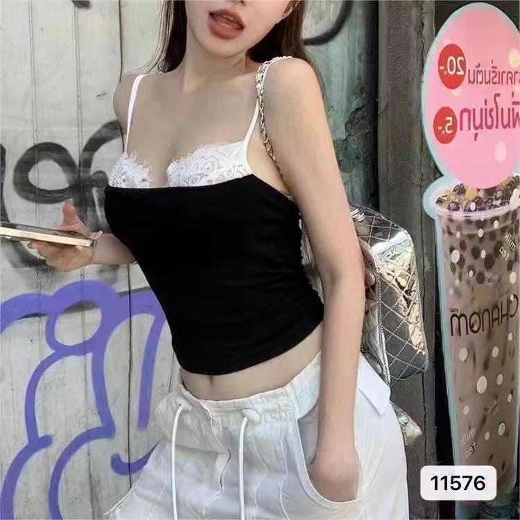 Summer New Sweet Spice Girl Wind Belt Chest Pad Lace Stitching Out Sling Slim-fit Stitching Top Inner Vest
