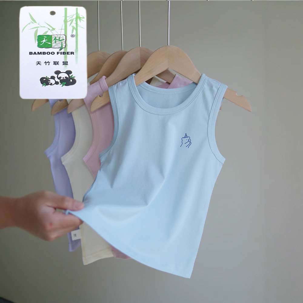 Picture of 2025 new summer children's boneless cartoon vest for boys and girls baby sky bamboo cotton thin bottoming sleeveless t outer wear