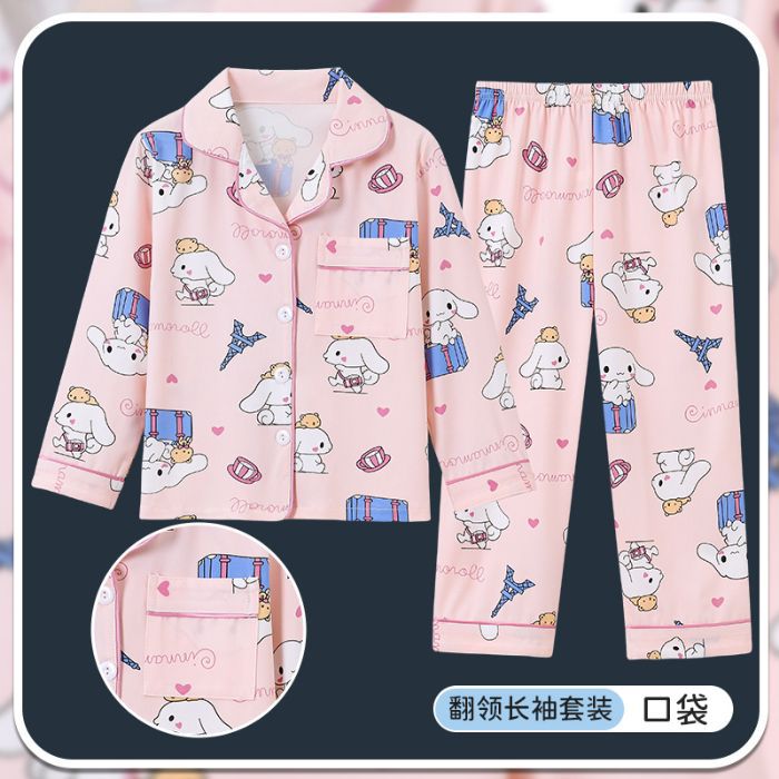 Picture of Children's Pajamas Spring and Autumn Cute Cartoon Boys and Girls Lapel Cardigan Long Sleeve Trousers Children's Home Clothes