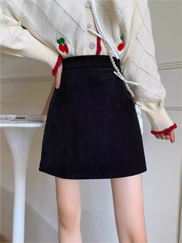 2024 autumn and winter corduroy skirt black skirt high waist Korean small A- line skirt slim hip