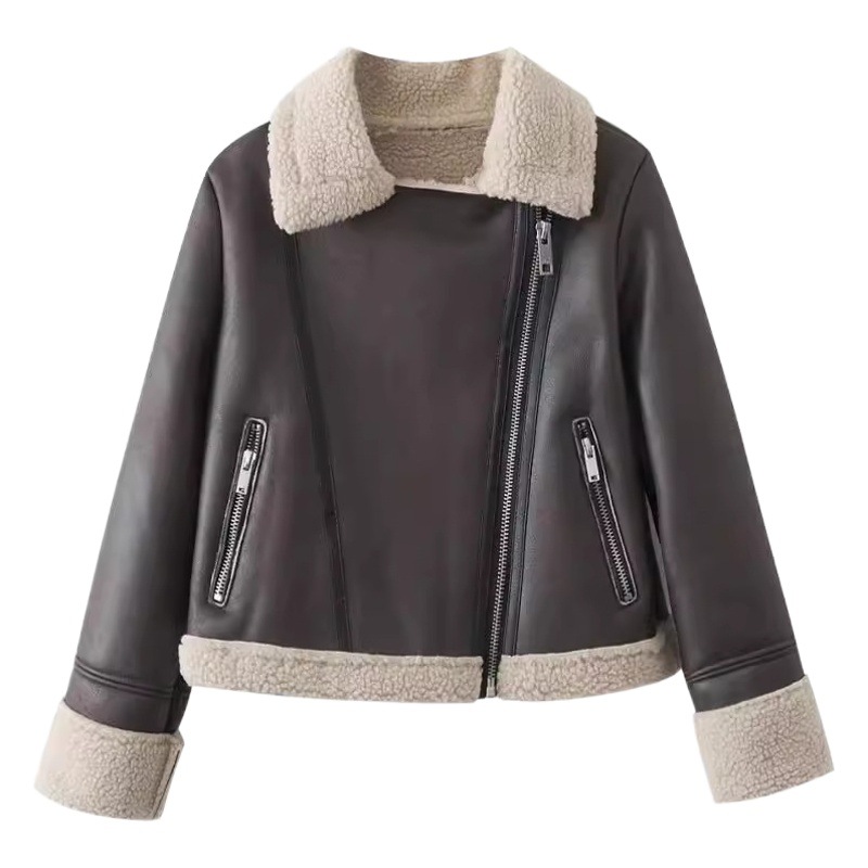 Cross-border foreign trade women's clothing 2023 autumn and winter New short zipper pocket decoration thickened warm fur coat jacket