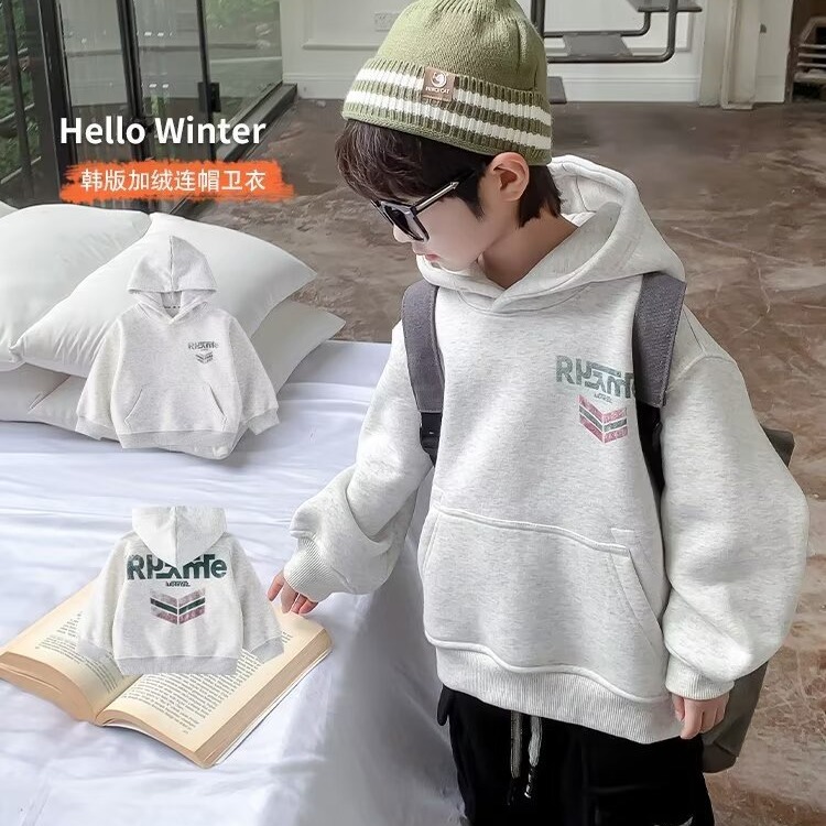 Picture of Boys' Korean Style Autumn and Winter Sports Style Raglan Fashionable Hooded Sweatshirt Kidsren's One-Piece Velvet Handsome Trendy Cool Top