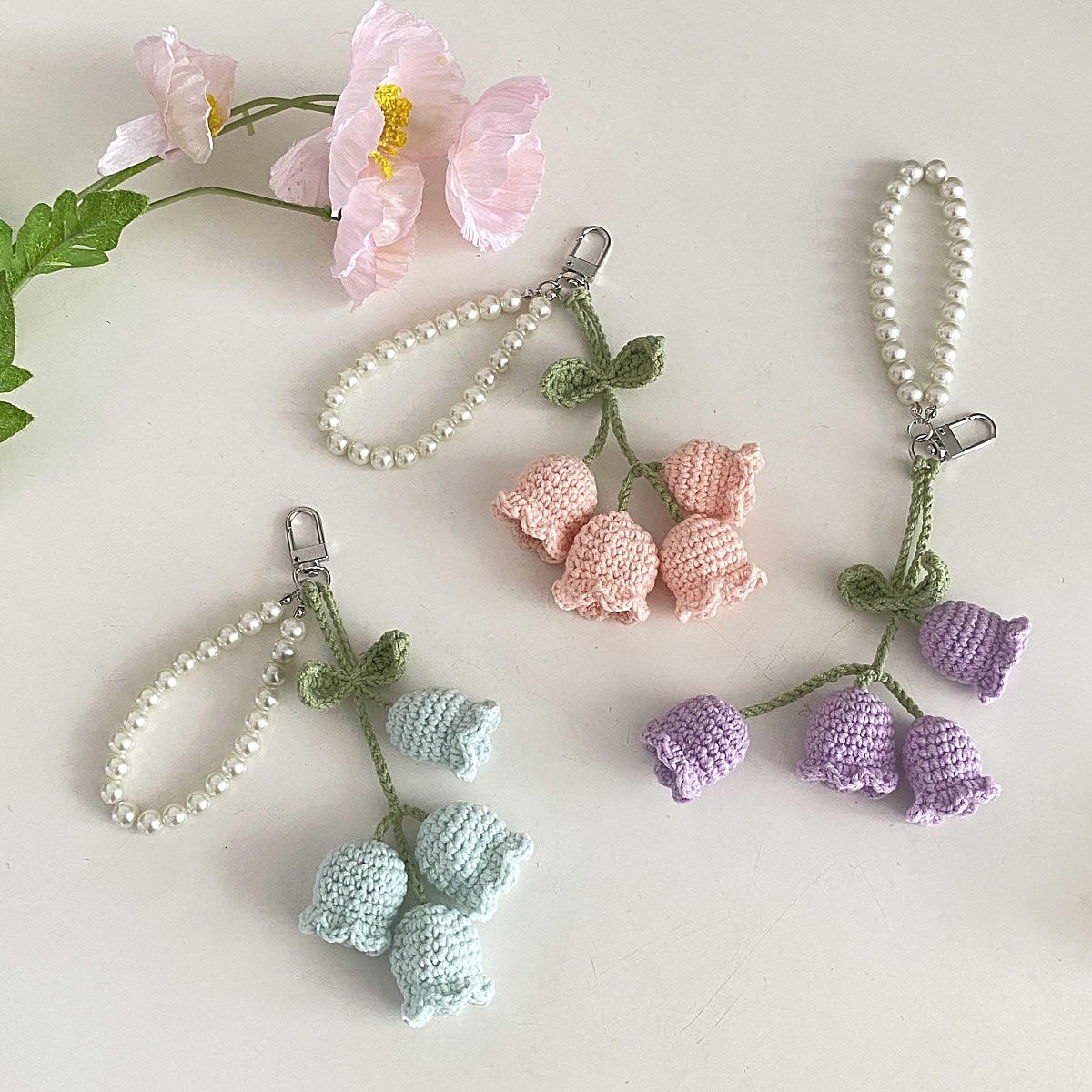 Ins Korean Style Creative Cute Girl Pearl Chain Wool Crocheted Lanling Flower String Keychain Bag Decorative Buckle