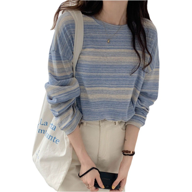 2025 Autumn Striped T-Shirt Long Sleeve New College Style Korean Style Round Neck Loose Autumn Top Women's Bottoming Shirt