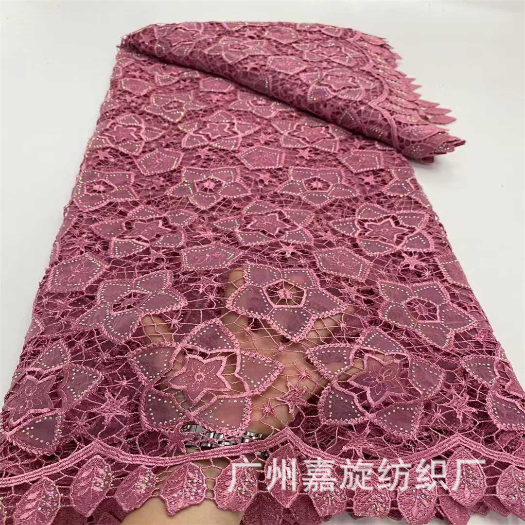 Cross-border New Star Laser Flower Glass Yarn Hot Drilling Lace Fabric African Hollow Design Water-soluble Edge Embroidered Fabric