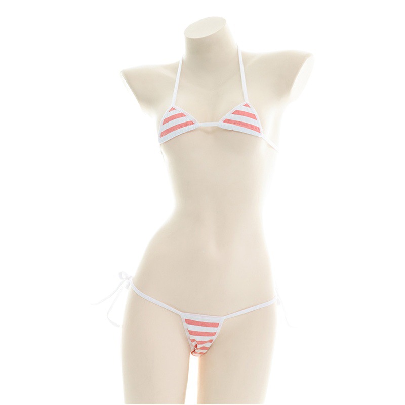 Sexy three-point bikini Japanese classic Blue White pink white small triangle cotton striped lace-up underwear B0257