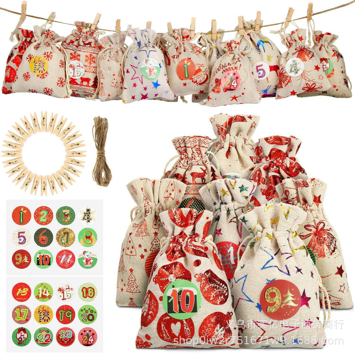 Picture of 2024 New Christmas Bronzing Gift Bag Set Linen Drawstring Pocket Christmas Countdown Calendar Bag