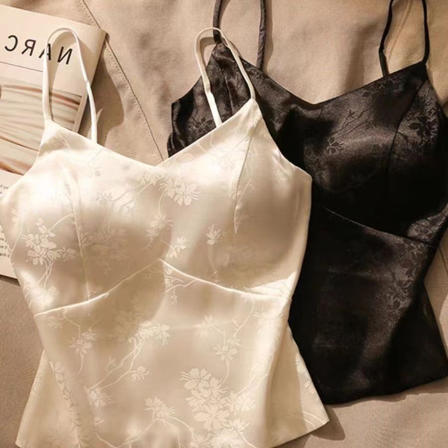 French Jacquard Satin Camisole Vest New Chinese Top Strap Chest Pad Short Base Strapless Beautiful Top Niche