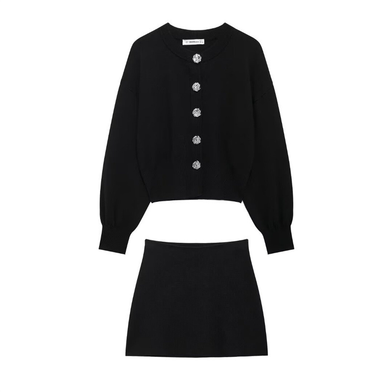SAW AliExpress Independent Station European and American Style Women's Fashion Large Row Buckle Knitted Jacket Mini Skirt 5536166