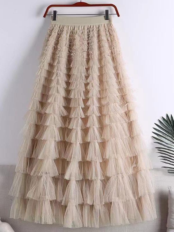 Foreign Trade Cross-border Mesh Cake Skirt Women's Spring and Autumn 2025 New Arrival Skirt Fairy White Gauze Skirt Pleated Long Skirt