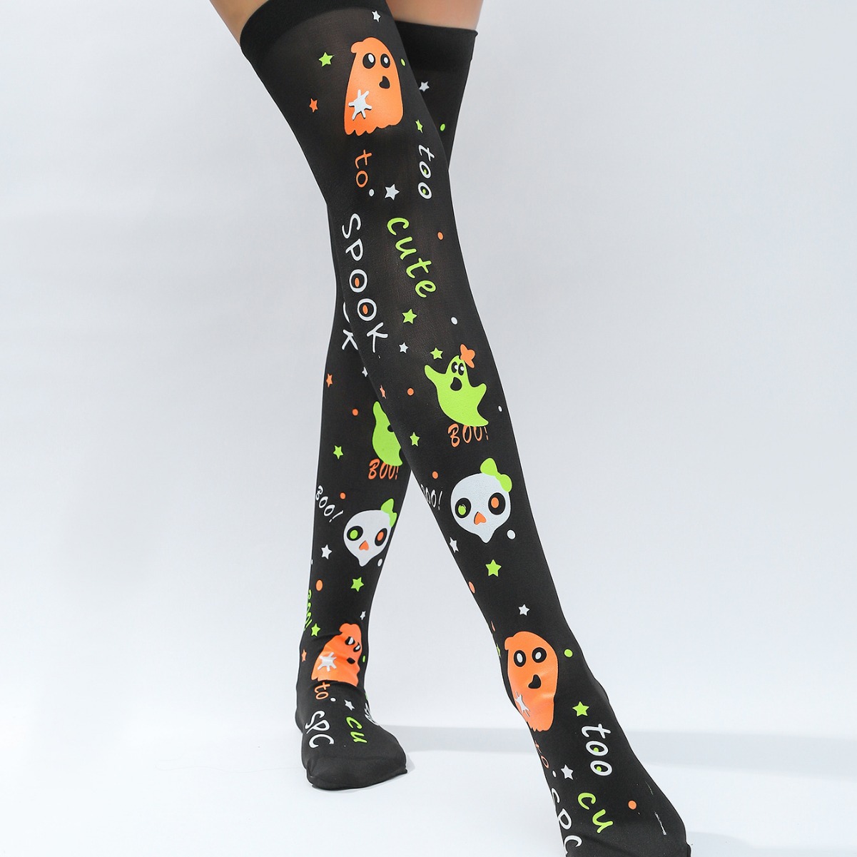 New Halloween Long Socks Ghost Festival Black Screen Printing Ghost Letter Pattern Adult Foot Over-the-Knee Socks