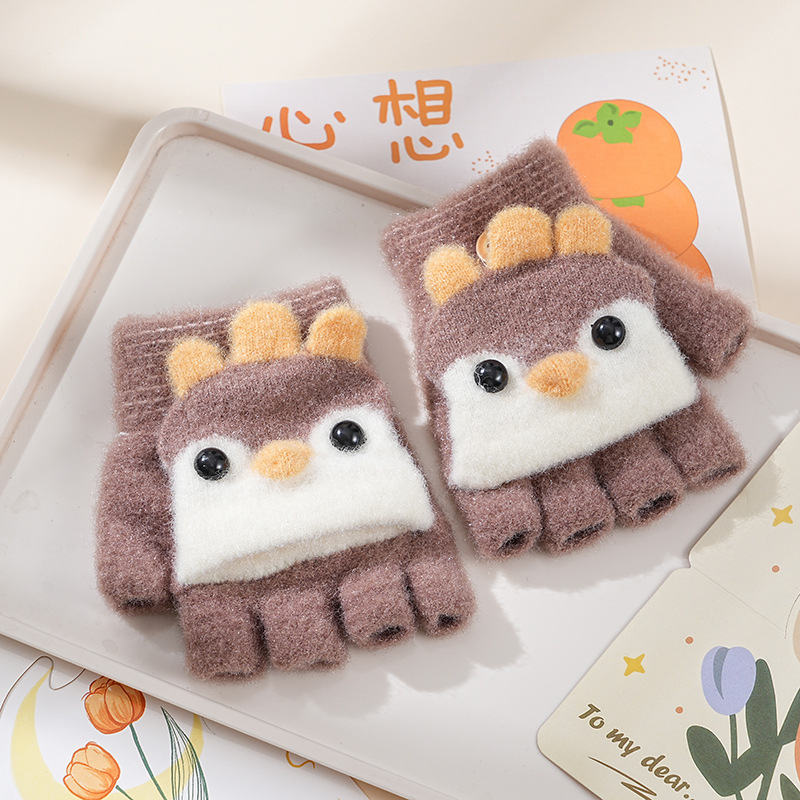 Picture of Children's flip gloves autumn and winter boys half finger warm cute Primary School students writing knitted dual-purpose gloves wholesale