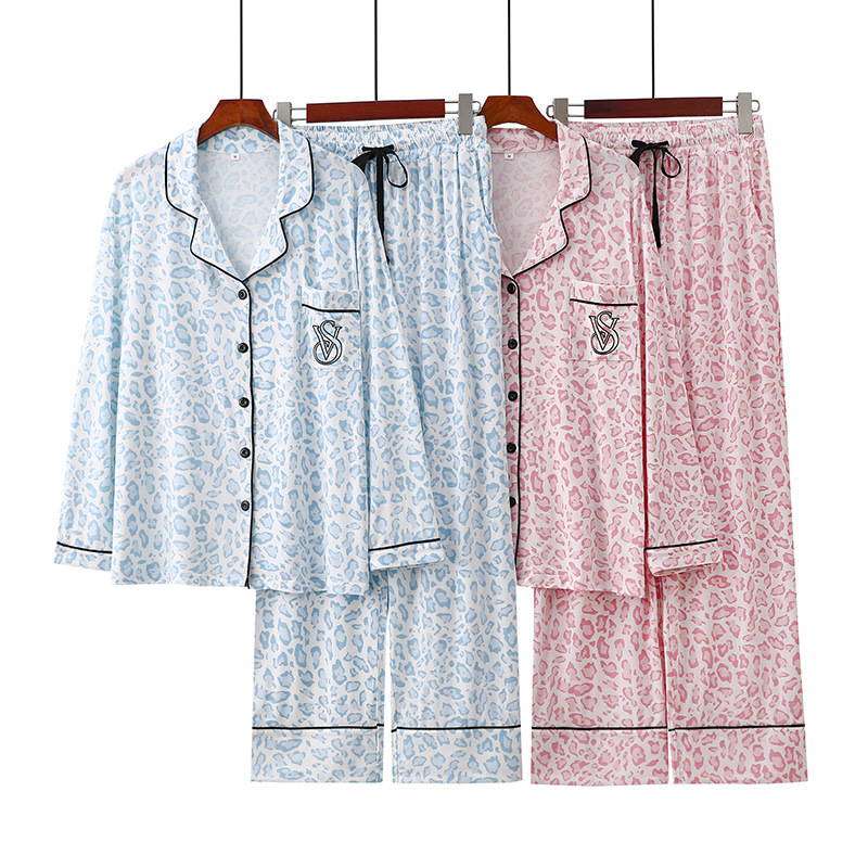 Cross-border Foreign Trade European and American Leopard Print Modal Pajamas Women's Long Sleeve Spring and Autumn Cardigan Lapel Outer Wear Home Clothes Set