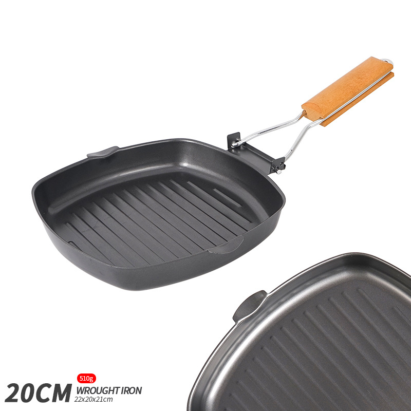 Picture of Outdoor Barbecue Plate Picnic Foldableable Portable Pot Frying Pan Cast Iron Pot Baking Pan Anti-Scalding Wooden Handle Double Mouth Deep Steak Pot