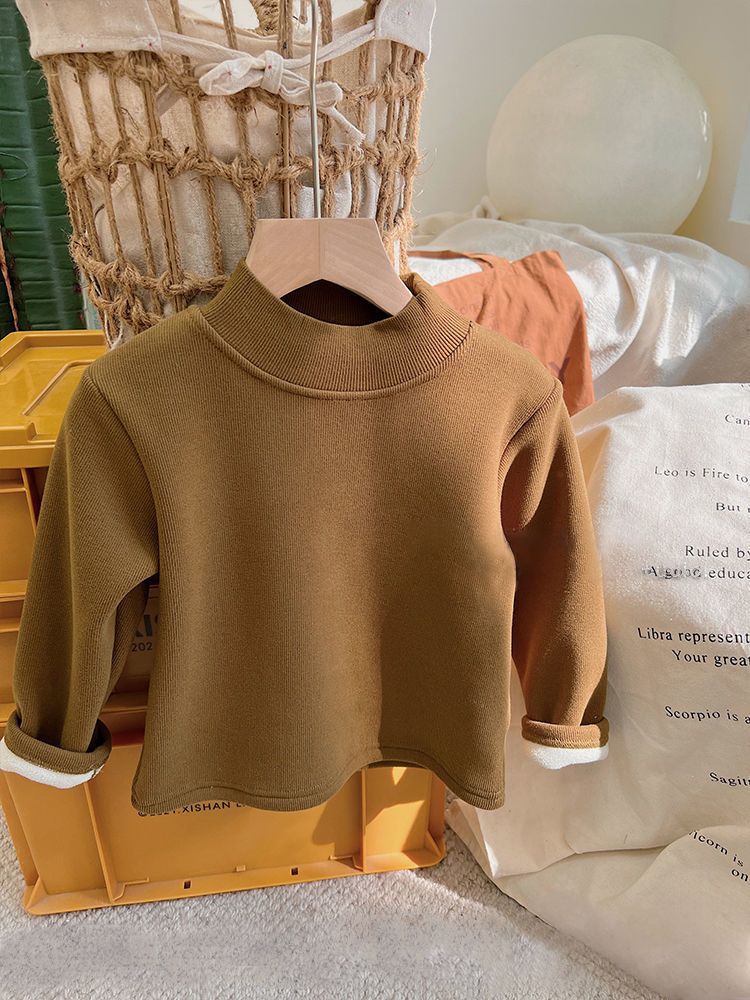Picture of children's fleece-lined half turtleneck bottoming shirt autumn and winter Korean style men's and women's one-piece velvet warm top