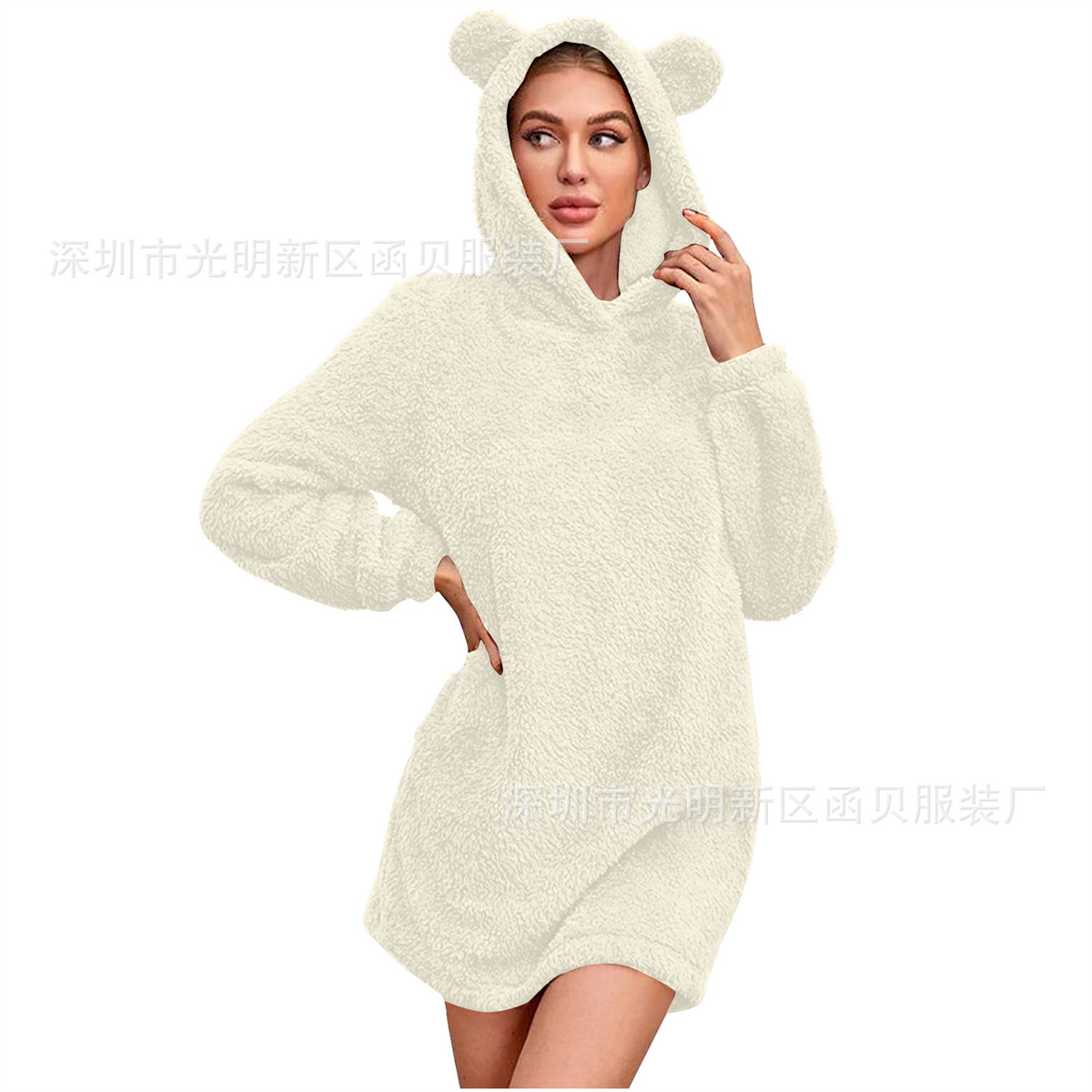 Picture of European and American Cross-border Amazon 2024 Autumn and Winter New Ear Hooded Loose Plush Long Sleeve Women's Wei Skirt Coat
