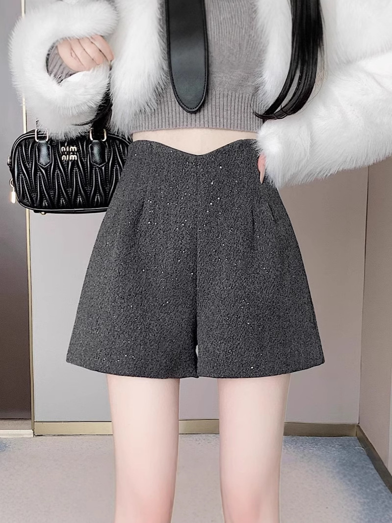 Starry Woolen Shorts Women's Autumn and Winter Thickened High Waist A- Shaped Casual Wide-Leg Pants with Design Sense Sequins and Shining Boots Pants