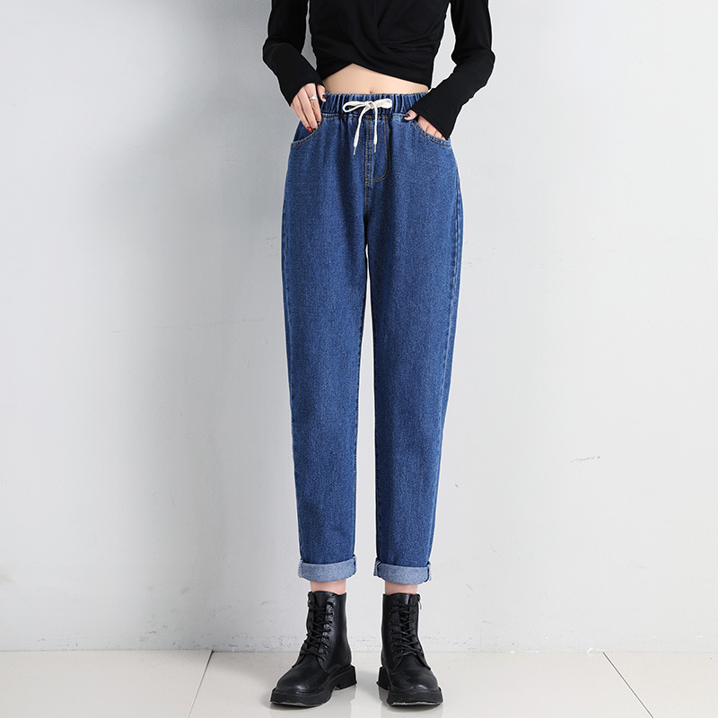 Picture of Korean Style Women's Straight Casual Elastoelastic Waist Lace-up High Waist Student Jeans Women's Loose Cropped Torre Pants Women