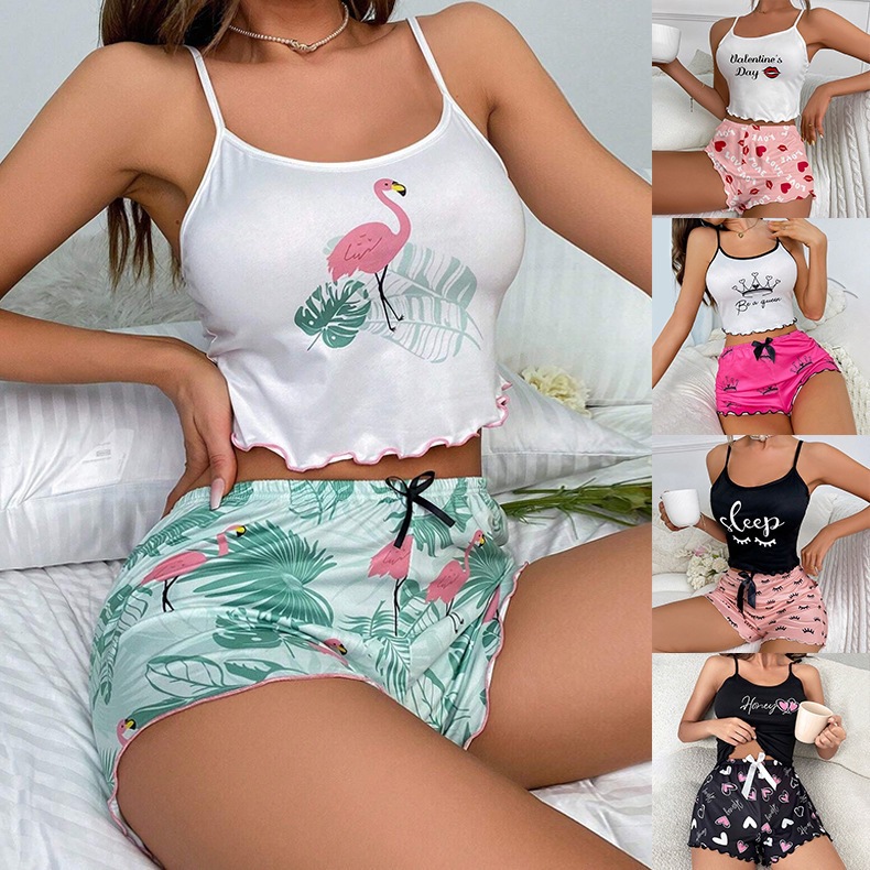 New Cross-border Multicolor Printed Milk Silk Casual Home Clothes Shorts Sling Two-piece pajamas