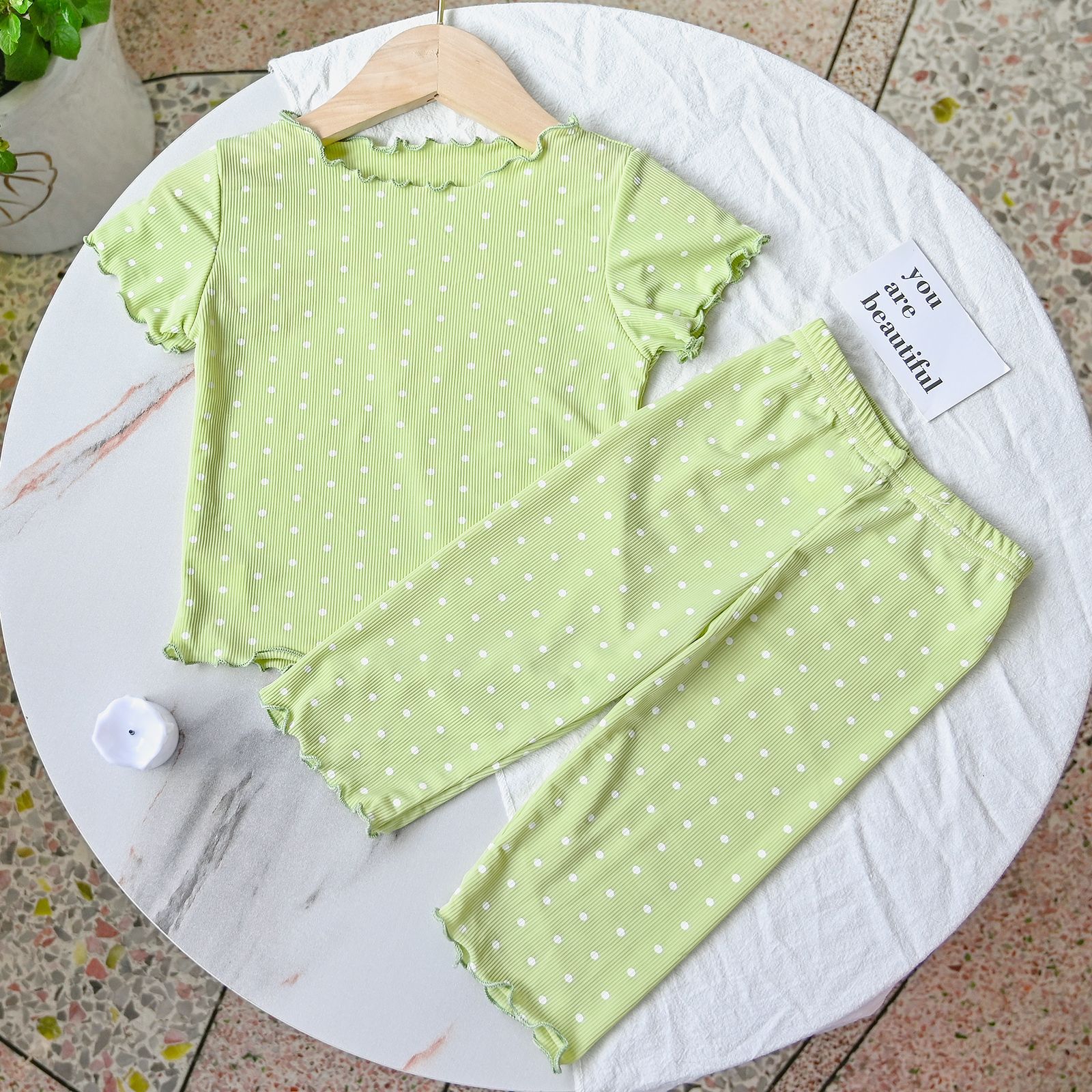 Baby Pajamas Summer Thin Set Polka Dot Fashionable Girls Summer Two-Piece Set Home Clothes Children's Air-Conditioned Clothes for Women