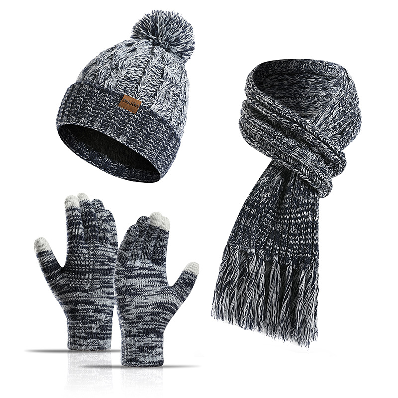 Picture of Winter Hat New Style Knitted Wool European and American Cross-Border Color Hat Thickened Scarf Touch Screen Gloves Three-Piece Set