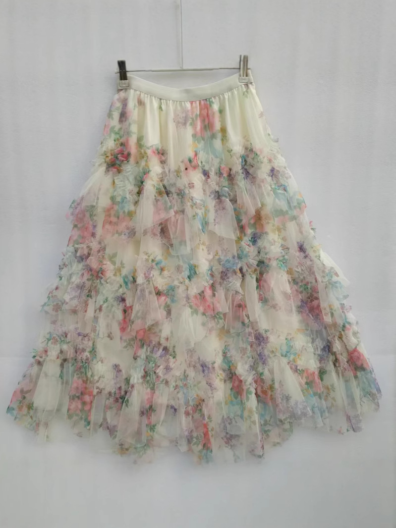 Spliced Colorfulful Flower Mesh Skirt for Women 2025 Spring & Fall French Palace Style Cake Skirt 8077 Wholesale