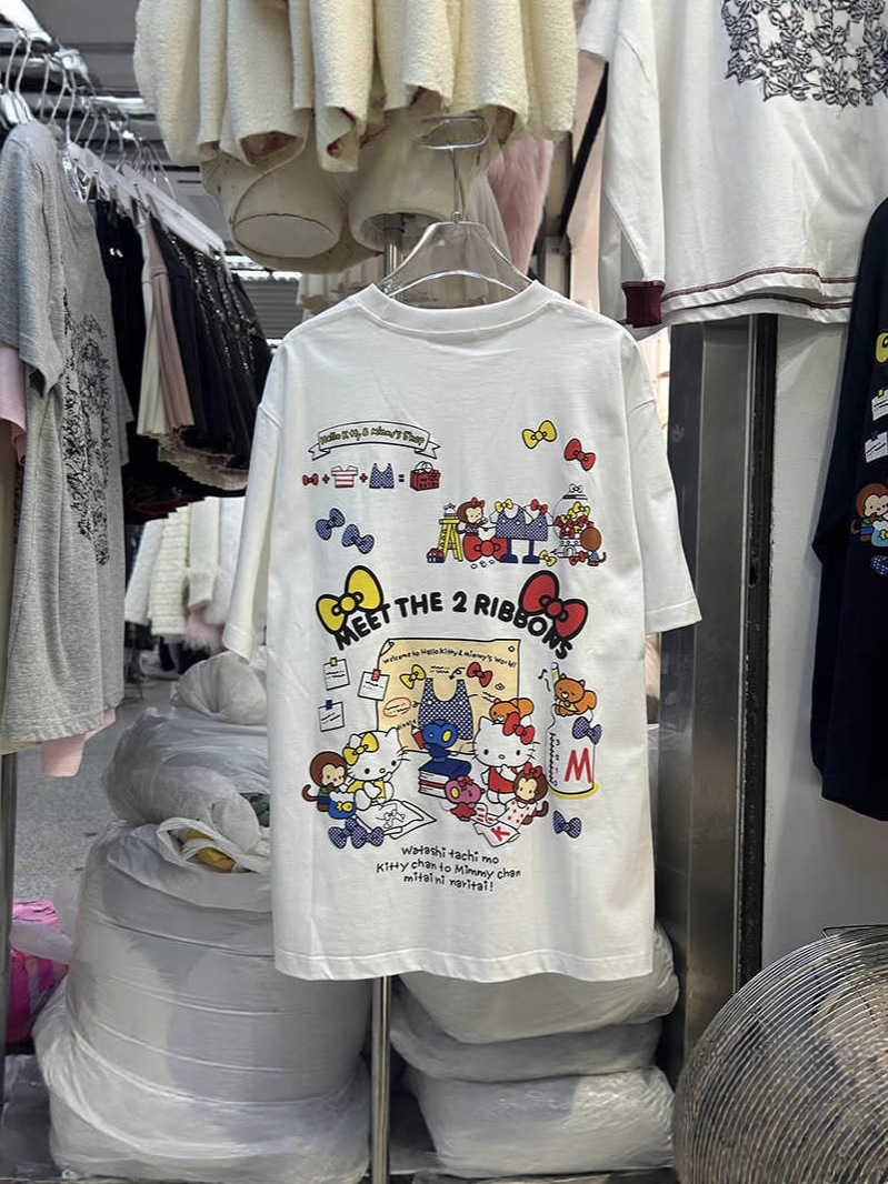 Designer Niche T-Shirt Short-Sleeved Women's Autum Korean Style Pullover Cartoon Print Mid-Length Large Version Loose Top Ins
